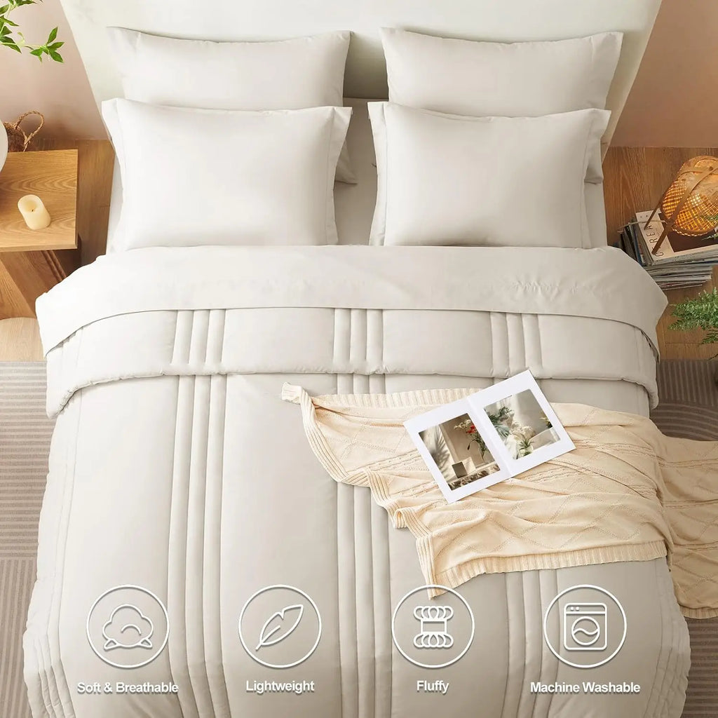 Queen Size Comforter Set - 7 Piece All Seasons Luxury Bedding with Down Alternative, Soft Sheets & Pillowcases