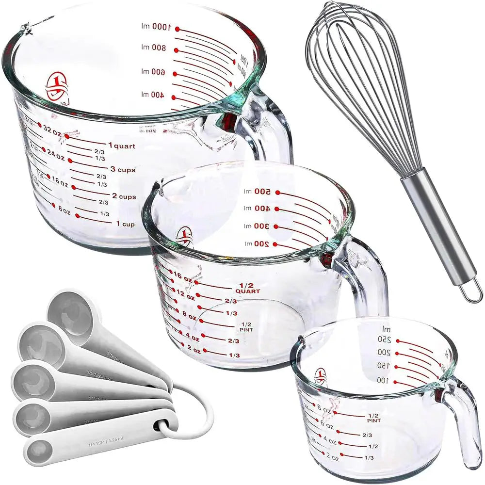 Set o 3 Glass Measuring Cups with Measuring Spoons & Whisk - Kitchen Mixing Bowl Liquid Measure Cup, Glass Bakeware. 1 cup, 2 cu