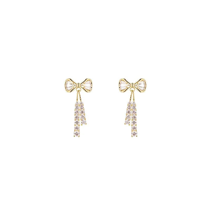 Korean jewelry niche design full diamond bow tie tassel earrings elegant flash diamond temperament earrings rings