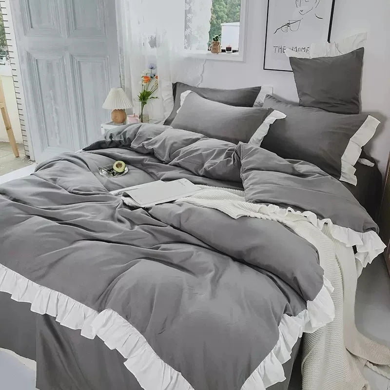 Ins Princess Style Bedding Set For Woman Cute Girl Solid Color Ruffles Duvet Cover Queen King Bed Sheet Bed Skirt Pillow Covers