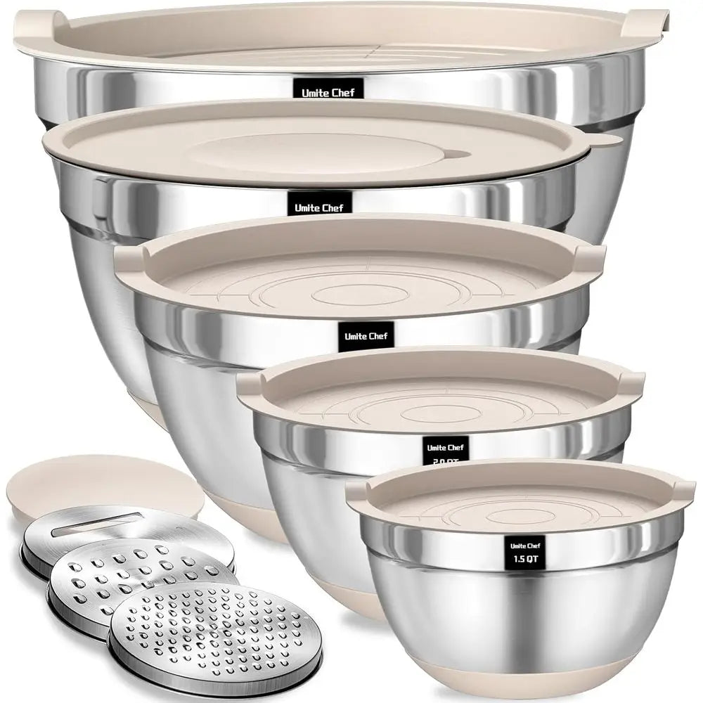 Mixing Bowls with Airtight Lids Set, 8PCS StainlSteel Khaki Nesting Bowls with Grater Attachments, Kitchen Bowls with Non-Slip B