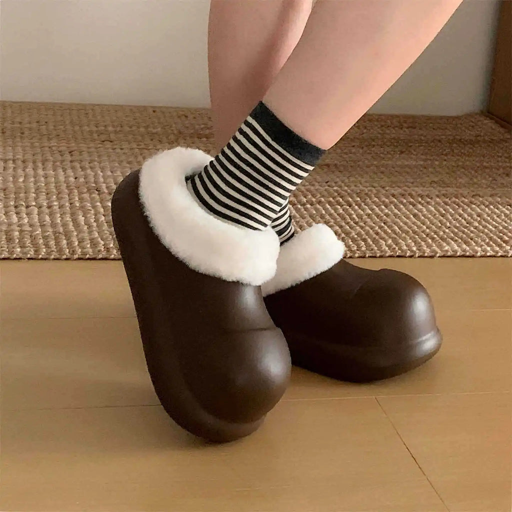 Waterproof Indoor Street Fluffy Slippers For Women Winter Warm Platform Shoes Soft EVA Thick Sole Female kitchen Working Shoes
