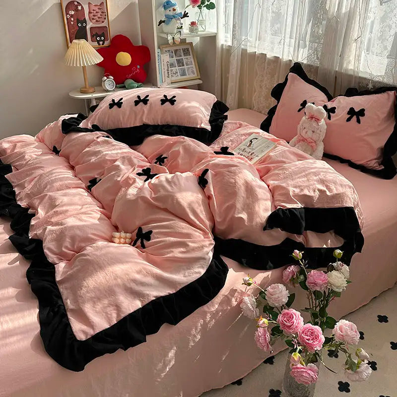 Ins Pink Bow Bedding Set Ruffles Duvet Cover Set Flat Sheet Set Women Girls Princess Bed Linen Set Single Twin Queen Bedclothes