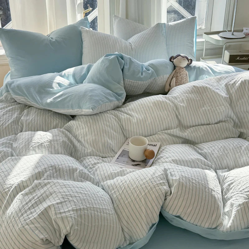 Pure Washed Cotton Stripe Style Bedding Set Simple Ins Duvet Cover Set Ultra Soft Comfortable Bed Sheet Set Bed Linen Pillowcase