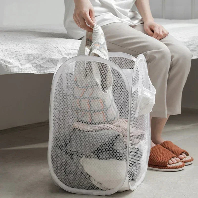 Laundry Basket Foldable Mesh Storage Bag For Dirty Clothes Organizer In Bathroom Washing Room Home Use