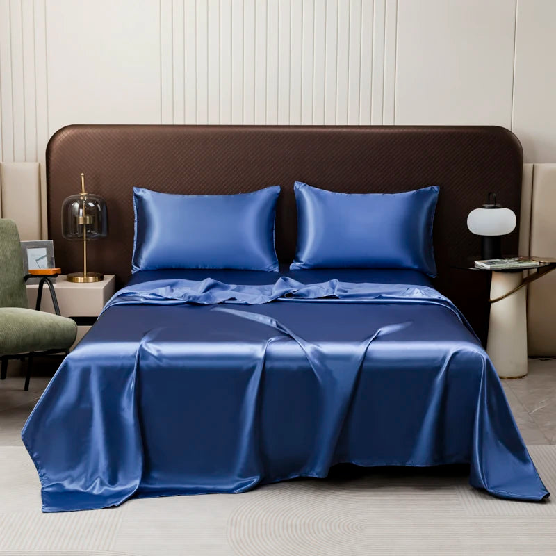 Washable Ice Silk Mattress Protector Dustproof Sheet Bedding Bed Linen Luxury Silky Champagne Flat Sheet (Without pillowcase)