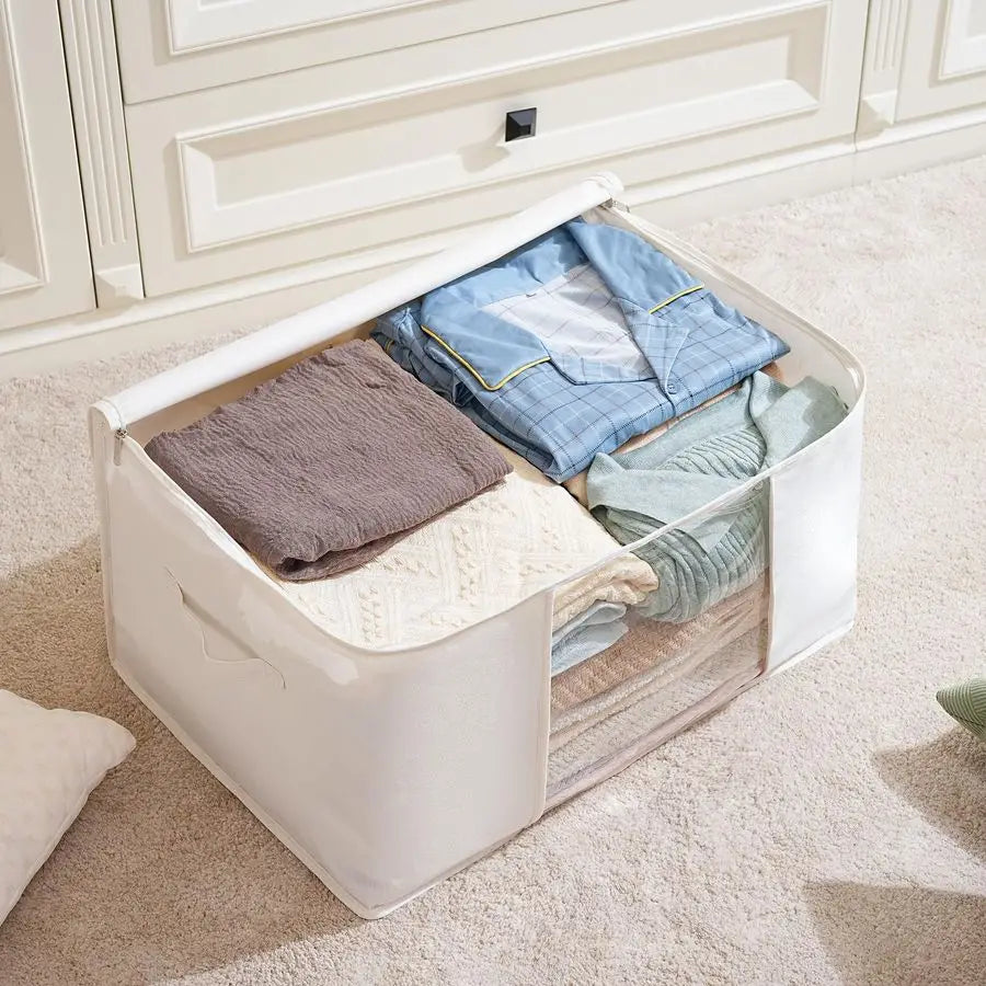 Large Storage Bags with Zipper and Clear Window, Cotton Blended Fabric Storage Containers for Seasonal Clothes and Bedding, 23.6