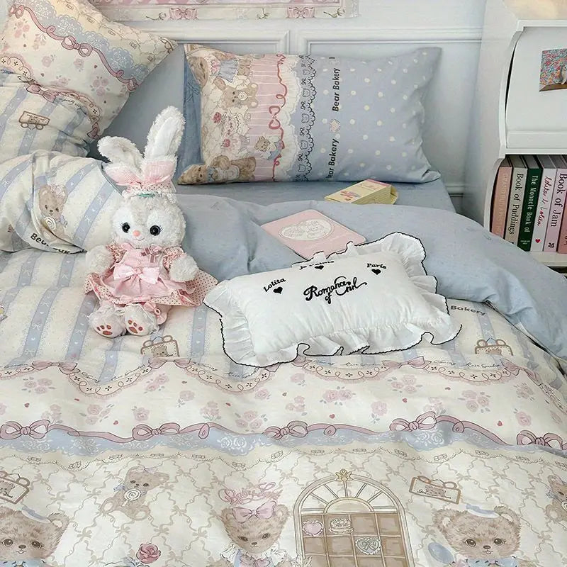 Ins Bedding Set Cute Bear Single Queen Size Soft Duvet Cover Flat Sheet Pillowcase for Girls Boys Home Bed Linens
