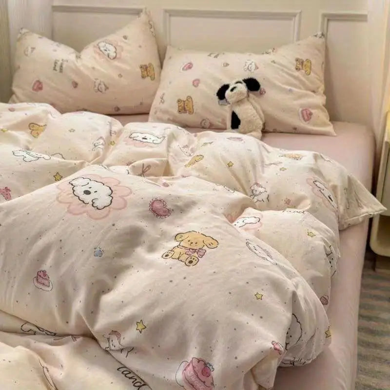 Ins Bedding Set Cute Bear Single Queen Size Soft Duvet Cover Flat Sheet Pillowcase for Girls Boys Home Bed Linens