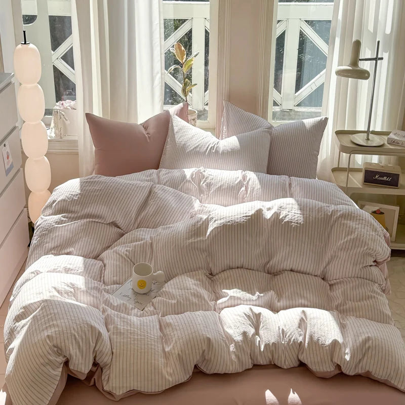 Pure Washed Cotton Stripe Style Bedding Set Simple Ins Duvet Cover Set Ultra Soft Comfortable Bed Sheet Set Bed Linen Pillowcase