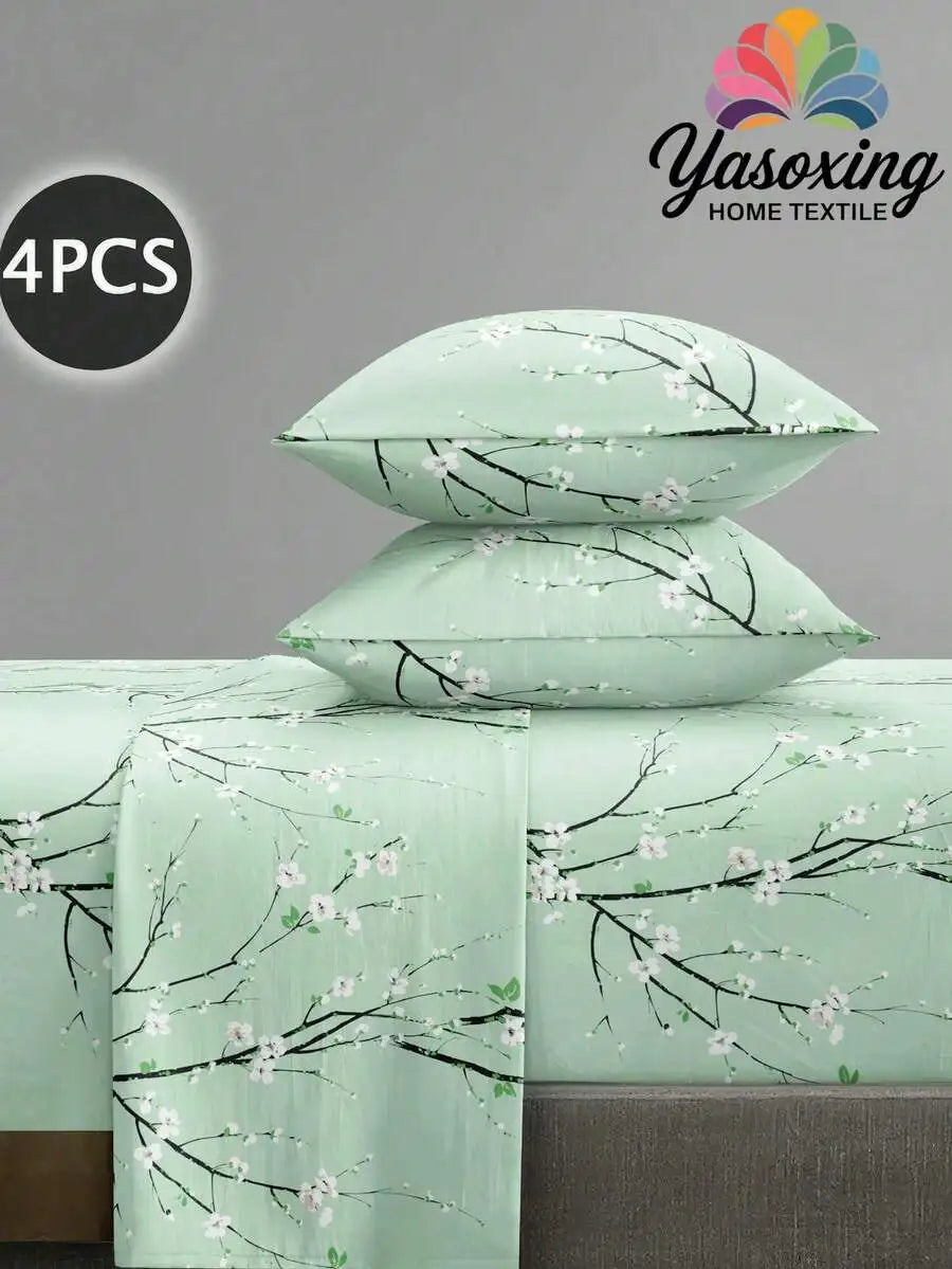 4PCS Mint Green Cherry Blossom Floral Bedding Set, Microfiber Sheet Set with 2 Pillow Shams