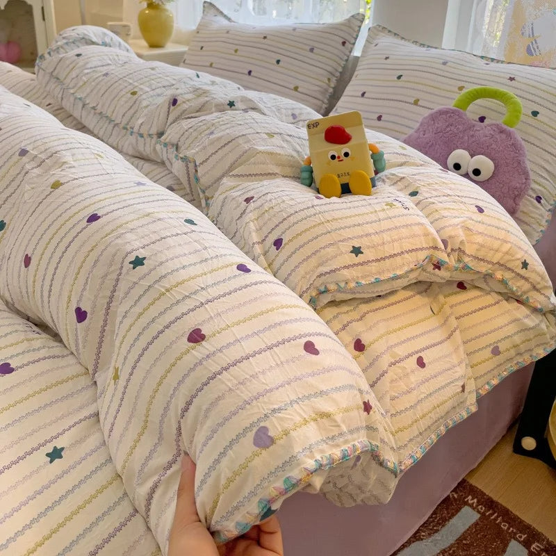 Ins Soft Bedding Set Mushroom Girls Single Double King Size Duvet Cover No Filler Flat Sheet Pillowcase Washed Cotton Bed Linens