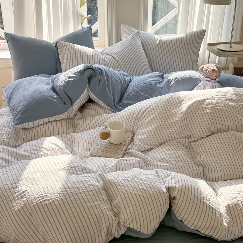 Pure Washed Cotton Stripe Style Bedding Set Simple Ins Duvet Cover Set Ultra Soft Comfortable Bed Sheet Set Bed Linen Pillowcase