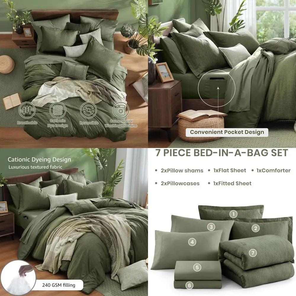 Olive Green Queen Bedding Set with 7-Piece Cationic Dyed Comforter, Sheets, Pillowcases, and Shams