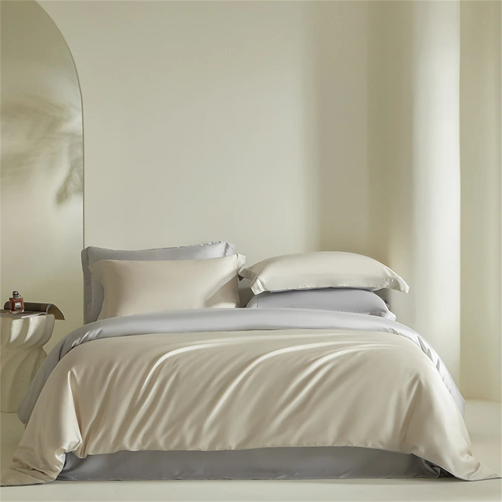 Liv-Esthete Double Color Noble 100% Silk Bedding Set Silky Green Queen King Duvet Cover Flat Sheet Pillowcase Bed Linen Set