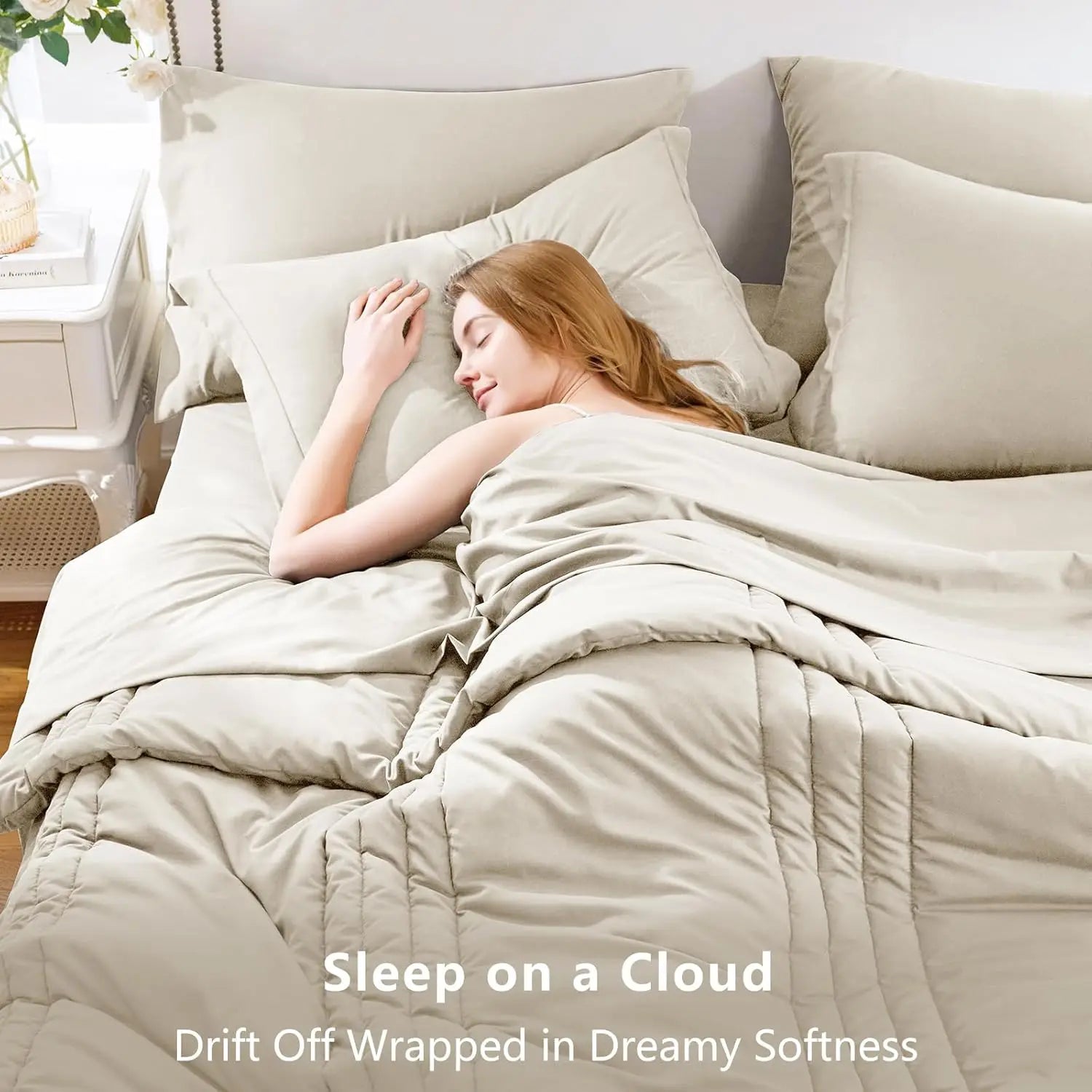 Queen Size Comforter Set - 7 Piece All Seasons Luxury Bedding with Down Alternative, Soft Sheets & Pillowcases