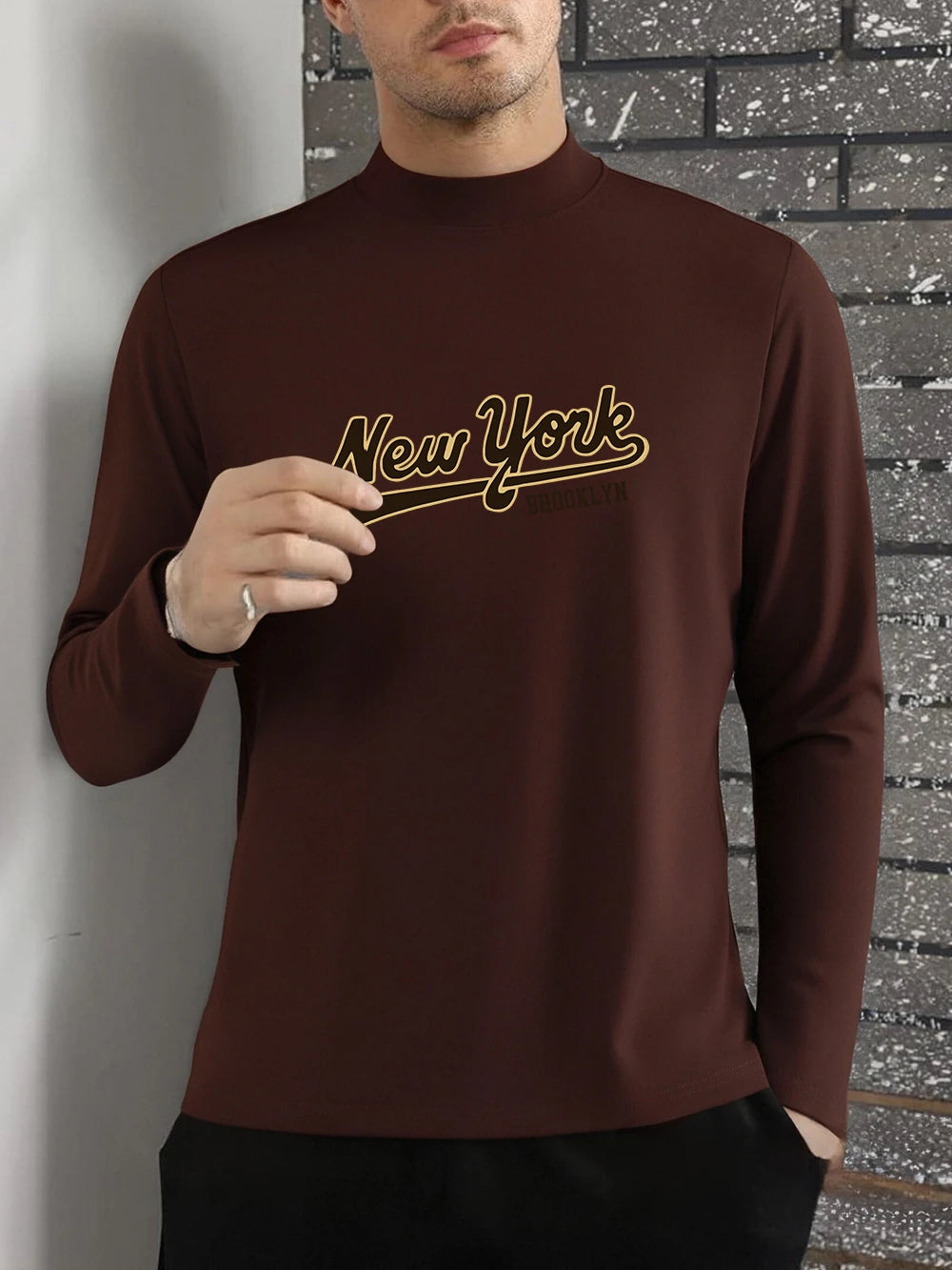 New York Brooklyn Printed T-Shirts Men Winter Fleece Tops Slim Fit Warm Half Turtleneck Bottoming Shirt Casual Men'S Clothes